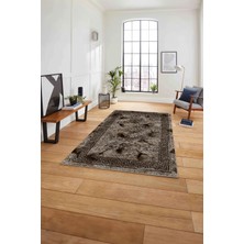 Napoli Home Çerçeveli Gül Detaylı Yıkanabilir Kaymaz Yolluk Mutfak Salon Halısı, Çerçeveli-108-Kahve,