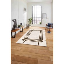 Napoli Home Çerçeveli Geometrik Motifli Yıkanabilir Kaymaz Yolluk Mutfak Salon Halısı, Çerçeveli-67-Kahve,