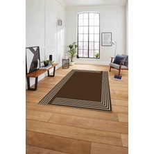 Napoli Home Çerçeveli Düz Çizgi Desenli Yıkanabilir Kaymaz Yolluk Mutfak Salon Halısı, Çerçeveli-102-Kahve,