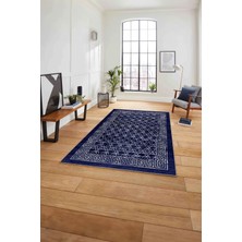 Napoli Home Çerçeveli Dörtgen Detaylı Yıkanabilir Kaymaz Yolluk Mutfak Salon Halısı, Çerçeveli-97-Lacivert,