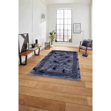 Napoli Home Çerçeveli Gül Detaylı Yıkanabilir Kaymaz Yolluk Mutfak Salon Halısı, Çerçeveli-108-Lacivert,