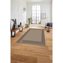 Napoli Home Çerçeveli Düz Çizgi Desenli Yıkanabilir Kaymaz Yolluk Mutfak Salon Halısı, Çerçeveli-102-Bej,