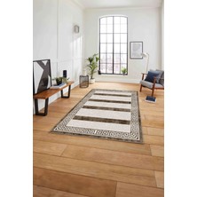 Napoli Home Çerçeveli Düz Çizgi Detaylı Yıkanabilir Kaymaz Yolluk Mutfak Salon Halısı, Çerçeveli-113-Kahve,