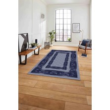 Napoli Home Çerçeveli Çiçek Motifli Yıkanabilir Kaymaz Yolluk Mutfak Salon Halısı, Çerçeveli-85-Lacivert,