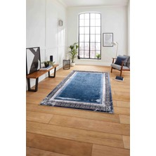 Napoli Home Çerçeveli Klasik Desenli Yıkanabilir Kaymaz Yolluk Mutfak Salon Halısı, Çerçeveli-110-Mavi,