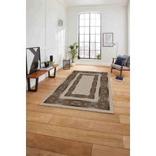 Napoli Home Çerçeveli Çiçek Motifli Yıkanabilir Kaymaz Yolluk Mutfak Salon Halısı, Çerçeveli-85-Kahve,