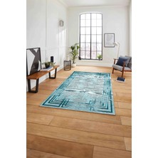 Napoli Home Çerçeveli Çizgi Detaylı Baskılı Yıkanabilir Kaymaz Yolluk Mutfak Salon Halısı,Çerçeveli-87-Turkuaz,