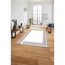 Napoli Home Çerçeveli Düz Çizgi Desenli Yıkanabilir Kaymaz Yolluk Mutfak Salon Halısı, Çerçeveli-102-Beyaz,