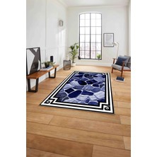 Napoli Home Çerçeveli Mermer Görünümlü Yıkanabilir Kaymaz Yolluk Mutfak Salon Halısı, Çerçeveli-124-Lacivert,