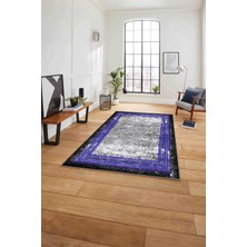 Napoli Home Çerçeveli Klasik Modern Yıkanabilir Kaymaz Yolluk Mutfak Salon Halısı, Çerçeveli-127-Mavi,