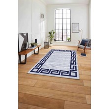 Napoli Home Çerçeveli Geometrik Kenarlı Yıkanabilir Kaymaz Yolluk Mutfak Salon Halısı, Çerçeveli-116-Lacivert,