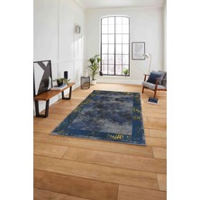 Napoli Home Çerçeveli Sade Modern Baskılı Yıkanabilir Kaymaz Yolluk Mutfak Salon Halısı, Çerçeveli-104-Mavi,