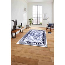 Napoli Home Çerçeveli Geleneksel Desen Yıkanabilir Kaymaz Yolluk Mutfak Salon Halısı, Çerçeveli-107-Lacivert,