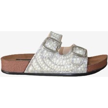 Shoemix Hazel Beyaz Çift Bantlı Comfort Boncuk Aksesuarlı Terlik