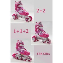 Pembe Ayarlanılabilir 2+2 Işıklı Metal Alıştırma Pateni Çanta Hediyeli Işıklı Paten