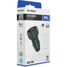 Syrox SC30T 3.1A 30W Pd Q.c. 3.0 1mt Type-C - Type-C Kablolu Dijital Ekranlı 1xtype-C + 1xusb-A Port Çıkışlı Hızlı Araç Şarj Cihazı - Siyah