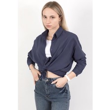 Kadın Uzun Kol Düz Basic Gömlek Lacivert - 25715