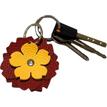 PİNKYLOLA -Çiçek Şeklinde Kırmızı & Sarı Suni Deri Mini Anahtarlık , Çanta Süsü  Bag Charm