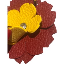 PİNKYLOLA -Çiçek Şeklinde Kırmızı & Sarı Suni Deri Mini Anahtarlık , Çanta Süsü  Bag Charm