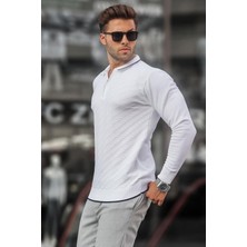 Beyaz Fermuarlı Erkek Triko Kazak 6824