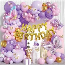 Bkmc Party 2 Li Kelebek Folyo Balonlu Happy Bırthday Balon Zincir Doğum Günü Parti Seti Süsü