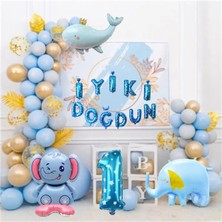 Fil Yunus Balığı Figürlü Balon Iyiki Doğdun Yazılı Konsept Doğum Günü Parti Seti Süsü