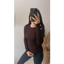 Livia Kolu Gold Düğmeli Basic Triko Mürdüm