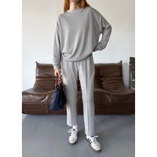 TKM-1105 Boyama Gri Oysh Kumaş Salaş Bluz Çimalı Havuç Pantolon Ikili Takım