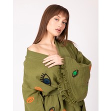 Bornoz ,plaj Kıyafeti,kimono , Kaftan ,sabahlık  Haki Kumaş Nazar Göz Detaylı