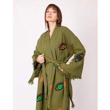Bornoz ,plaj Kıyafeti,kimono , Kaftan ,sabahlık  Haki Kumaş Nazar Göz Detaylı