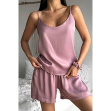 Düz Gül Kurusu Askılı ve Şortlu Floş Saten Pijama Takımı