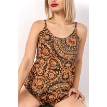 Bronz Barok Motifli Askılı ve Şortlu Saten Pijama Takımı