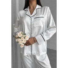 Kadın Düz Beyaz Saten Uzun Pijama Takımı