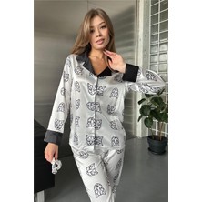 Panter Figür Baskılı Saten Uzun Pijama Takımı