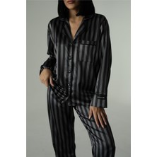 Strisce Grigie Nere Saten Uzun Pijama Takımı