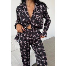 Cuori Trapezoidali Rosa Saten Uzun Pijama Takımı (Geniş Beden Aralığı)