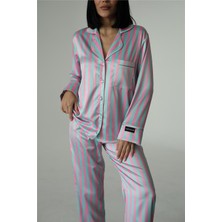 Strisce Rosa Menta Saten Uzun Pijama Takımı