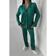 Kadın Düz Benetton Yeşili Saten Uzun Pijama Takımı