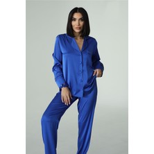 Nobiltà Della Notte Saks Mavisi Saten Uzun Pijama Takımı