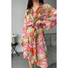 Coccolarsi Rengarenk Lilyumlar Desen Baskılı Belden Bağlama Saten Kimono / Sabahlık