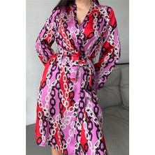 Coccolarsi Mor Zincirler Desen Baskılı Belden Bağlama Saten Kimono / Sabahlık