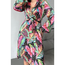 Coccolarsi Modern Yaprak Desen Baskılı Belden Bağlama Saten Kimono / Sabahlık