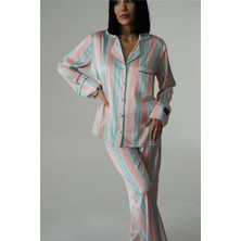 Senza Onde Pesca Blu Saten Uzun Pijama Takımı