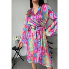 Coccolarsi Renkli Dalgalar Desen Baskılı Belden Bağlama Saten Kimono / Sabahlık