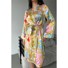 Coccolarsi Sarı Zincirler Desen Baskılı Belden Bağlama Saten Kimono / Sabahlık