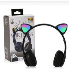 P47M Bluetooth 5.0 LED Işıklı Kedi Tasarımlı Katlanabilir Kulak Üstü Kulaklık Siyah