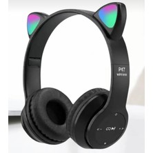 P47M Bluetooth 5.0 LED Işıklı Kedi Tasarımlı Katlanabilir Kulak Üstü Kulaklık Siyah