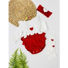 Alp Bebe Punch Kalp Detaylı Romper Bandanalı 3lü Mevsimlik Set - Kırmızı