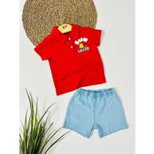 Alp Bebe Sun Love Gömlek Yaka Thisort ve Örme Kot Şortlu 2li Takım - Kırmızı