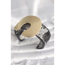 Siyah Mermer Desen Akrilik Plastik Gold Nal Model Plaka Vintage Kadın Bilezik SL10145
